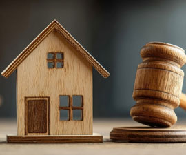 concept of property judgment, property, money. Wooden house model alongside judge gavel and scales symbolizing real estate law and property
