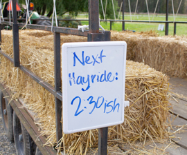 Riding cart with haystacks as benches and whiteboard sign that reads 