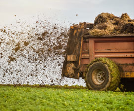 farmer spreading manure in fields in autumn